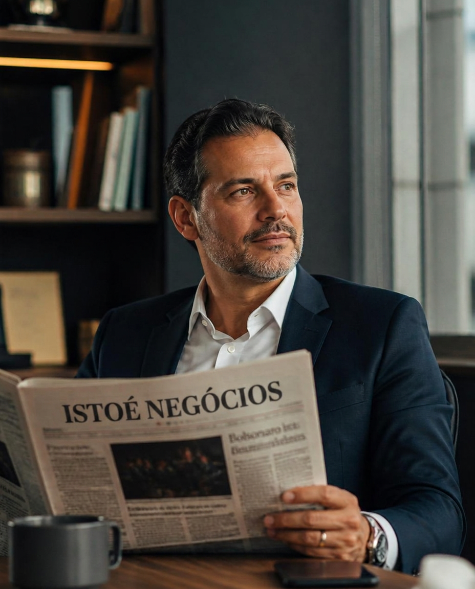 Executivo brasileiro lendo Folha de S. Paulo em escritório premium