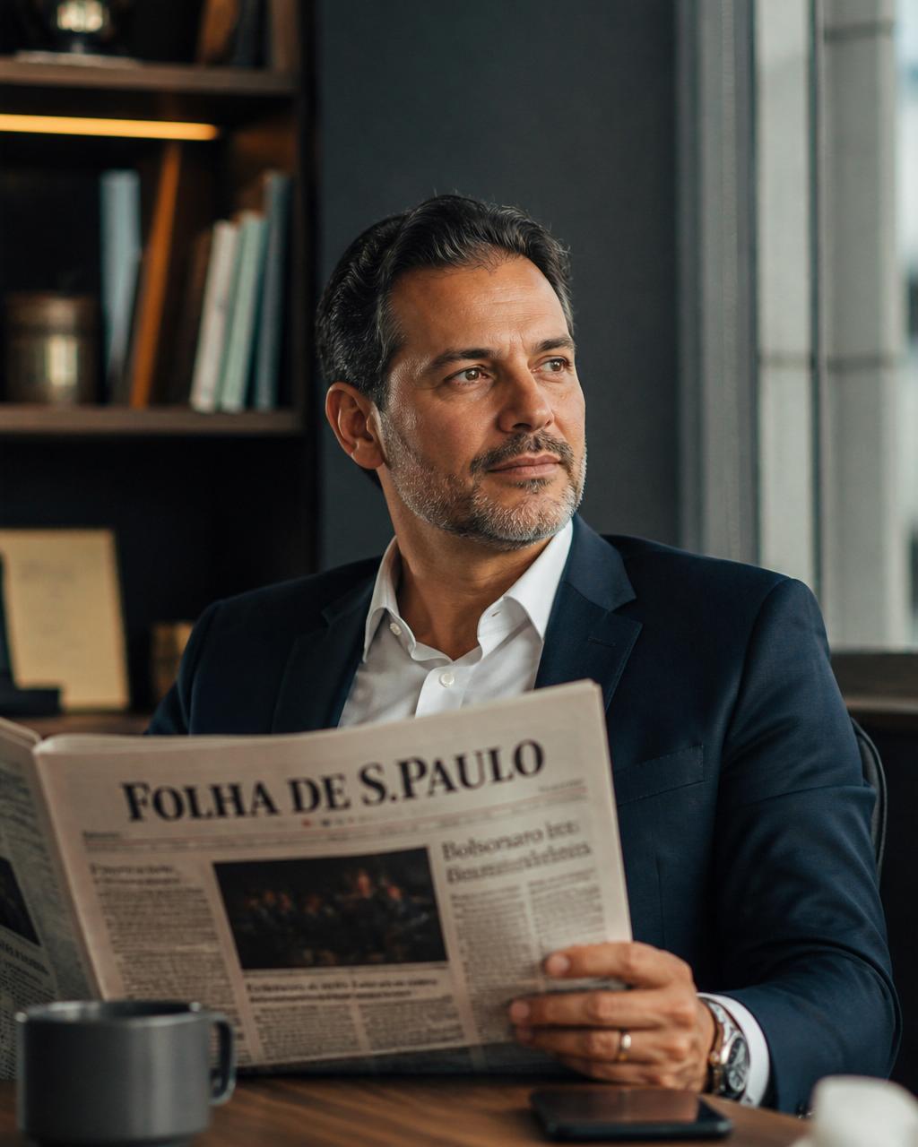 Executivo brasileiro lendo Folha de S. Paulo em escritório premium